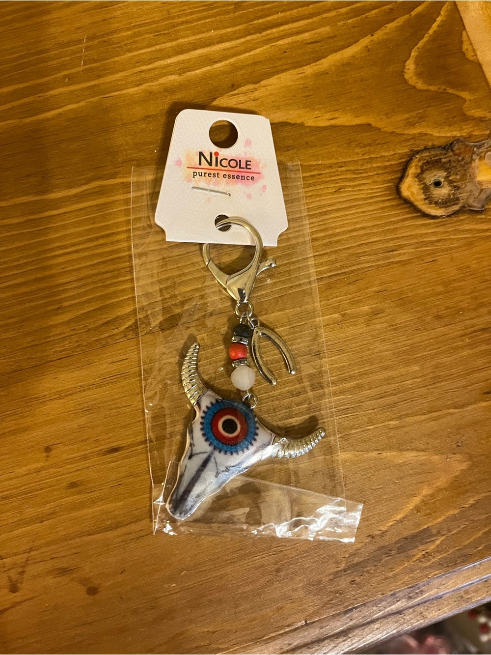 Nicole Purest Essence Bull Skull Keychain - White, Blue, Red